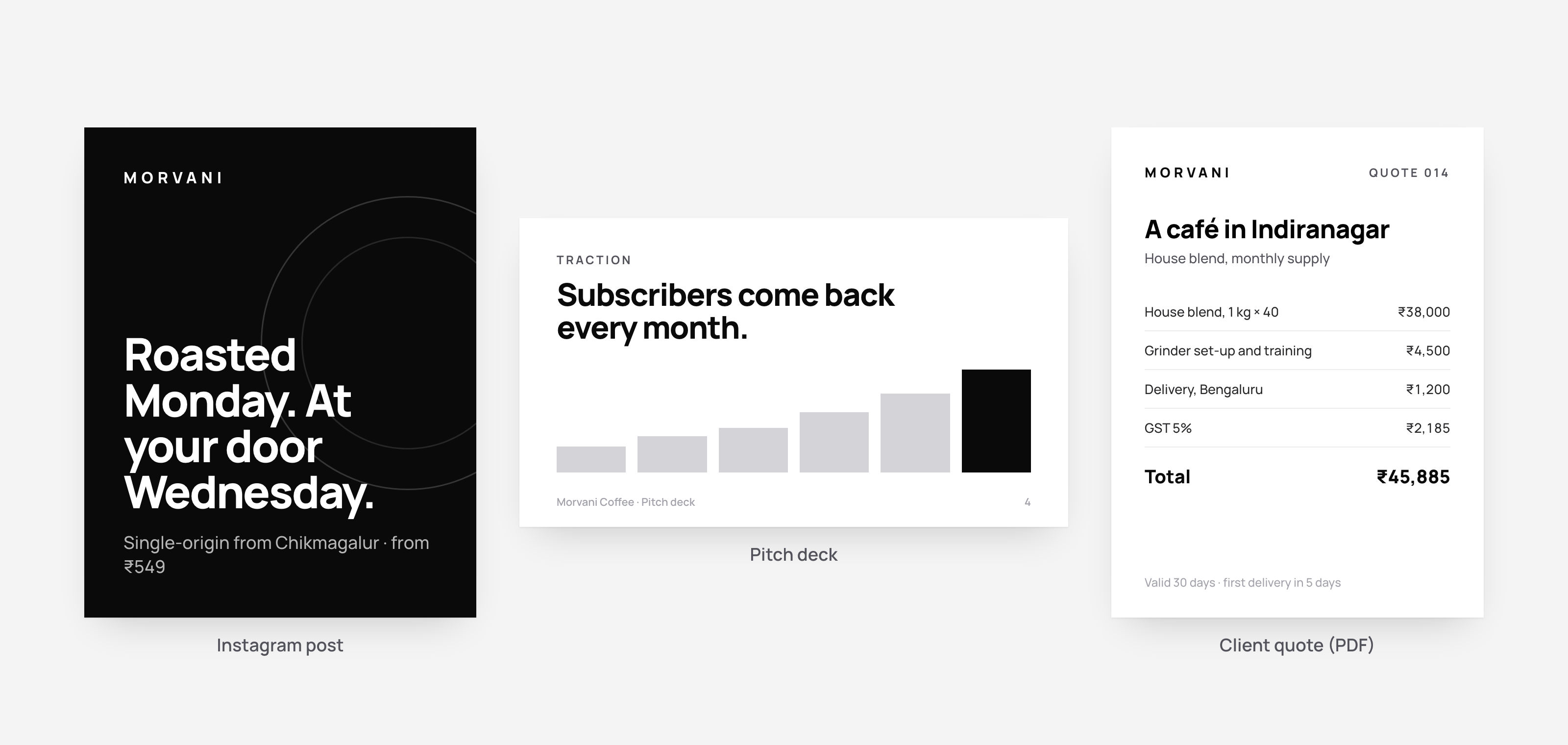 Three files made for an example coffee brand, Morvani: an Instagram post, a pitch deck slide and a client quote.